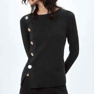 Zara Dark Gray Knit Sweater with Metallic Buttons
